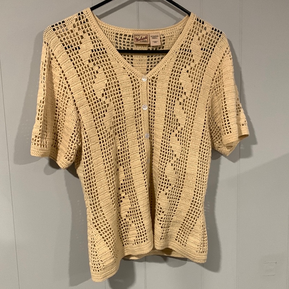 Vintage Woolrich Hand-Knit Tan Shortsleeve Button-Up Blouse Size Small
